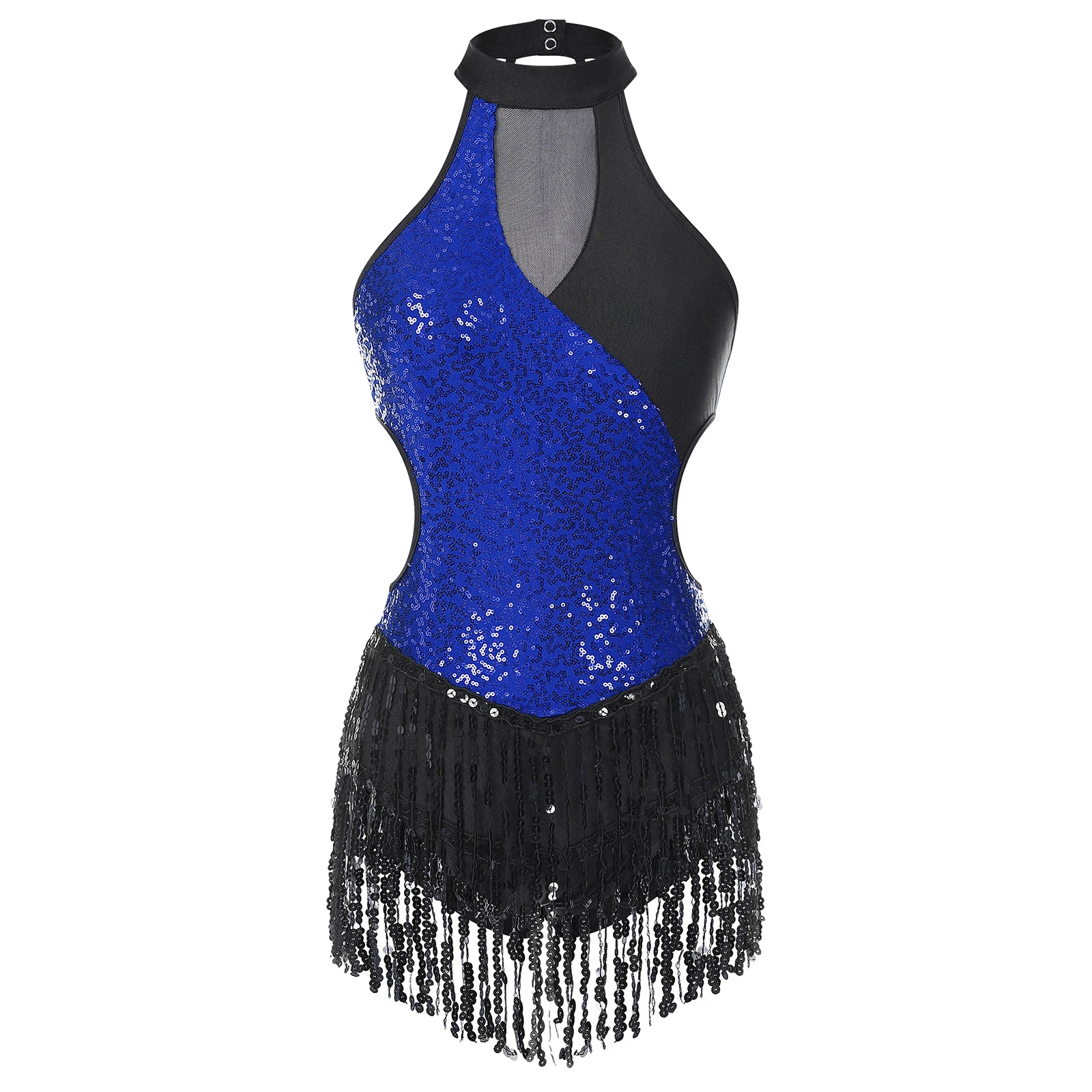 

Shiny Sequined Latin Dance Dress Womens Adult Chacha Rumba Sparkly Leotard with Sparkly Tassel Skirts Jazz Performance Dancewear