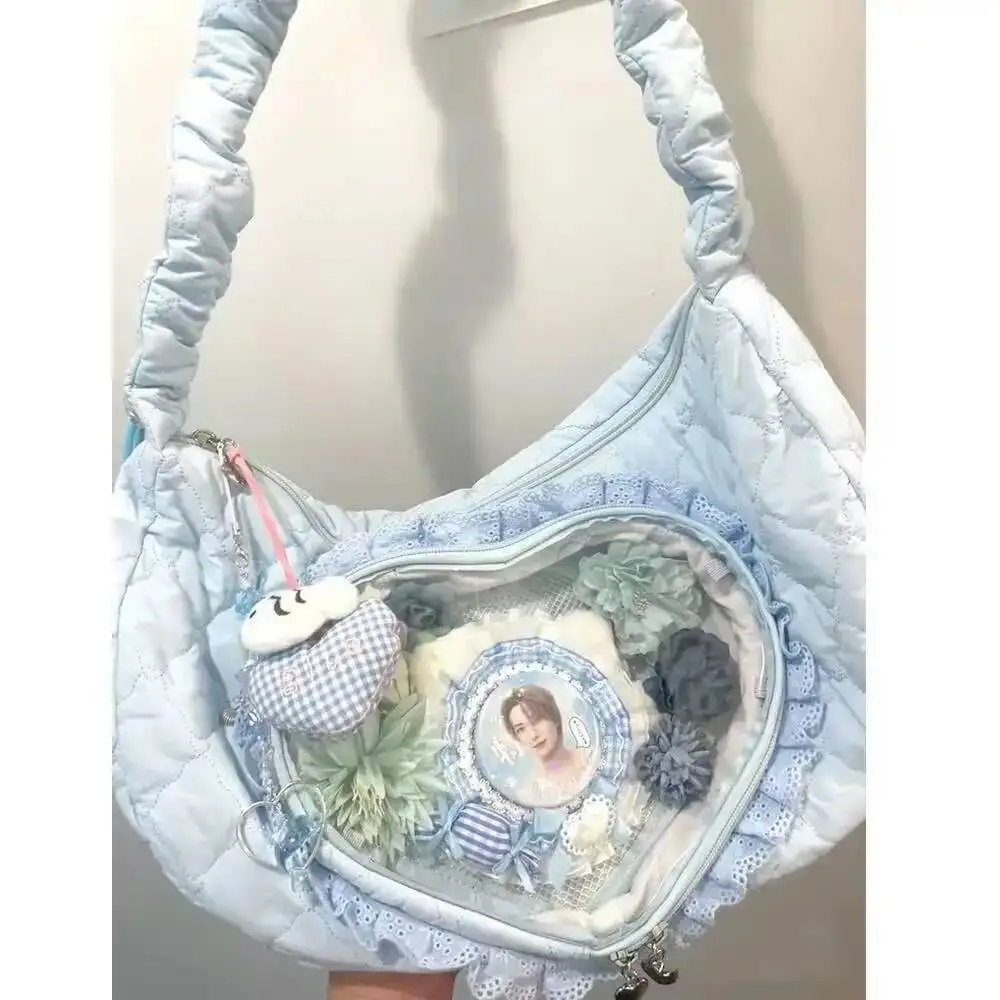 Bloom Heart Transparent Ita Handbag Women Japanese Lace Soft Casual Crossbody Bags Female Sweet Cute Messenger Bag Y2k