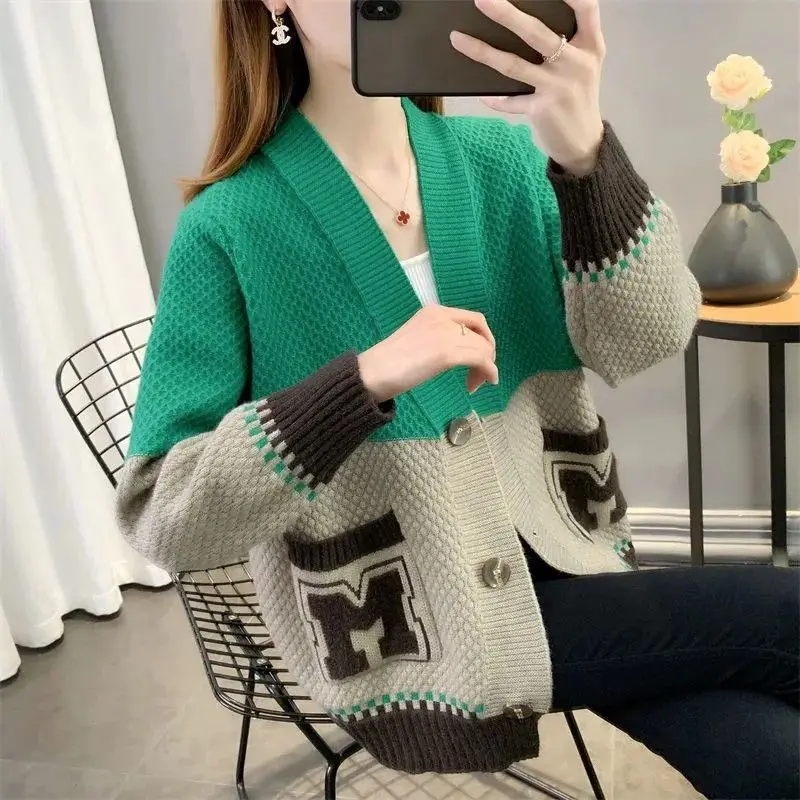 Women\'s Korean Contrast Color Patchwork Sweaters Cardigan Autumn Winter Female Fashion All-match Single-breasted Knitted Coat