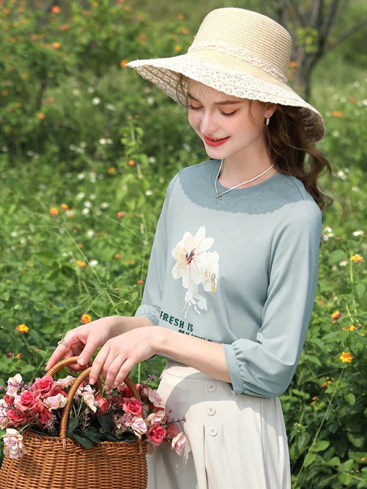 I BELIEVE YOU Puff Sleeve Printed Women T-shirts 2024 Spring New Slim O-Neck Office Lady Basics Female Trendy Tops 2241015498