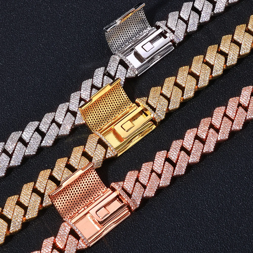 

Full Diamond Cuban Necklace Hip Hop Jewelry Cube Zirconia Sparkling Diamond 15mm Brass Plated Rose Gold Jewelry