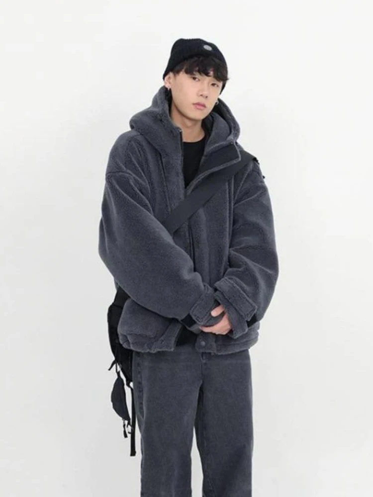 Winter 2024 Fake Fur Coat Oversize Cashmere Men\'s Zipper Up Dark Gray Coat Unisex Hip Hop Hooded Plush Padded Jacket