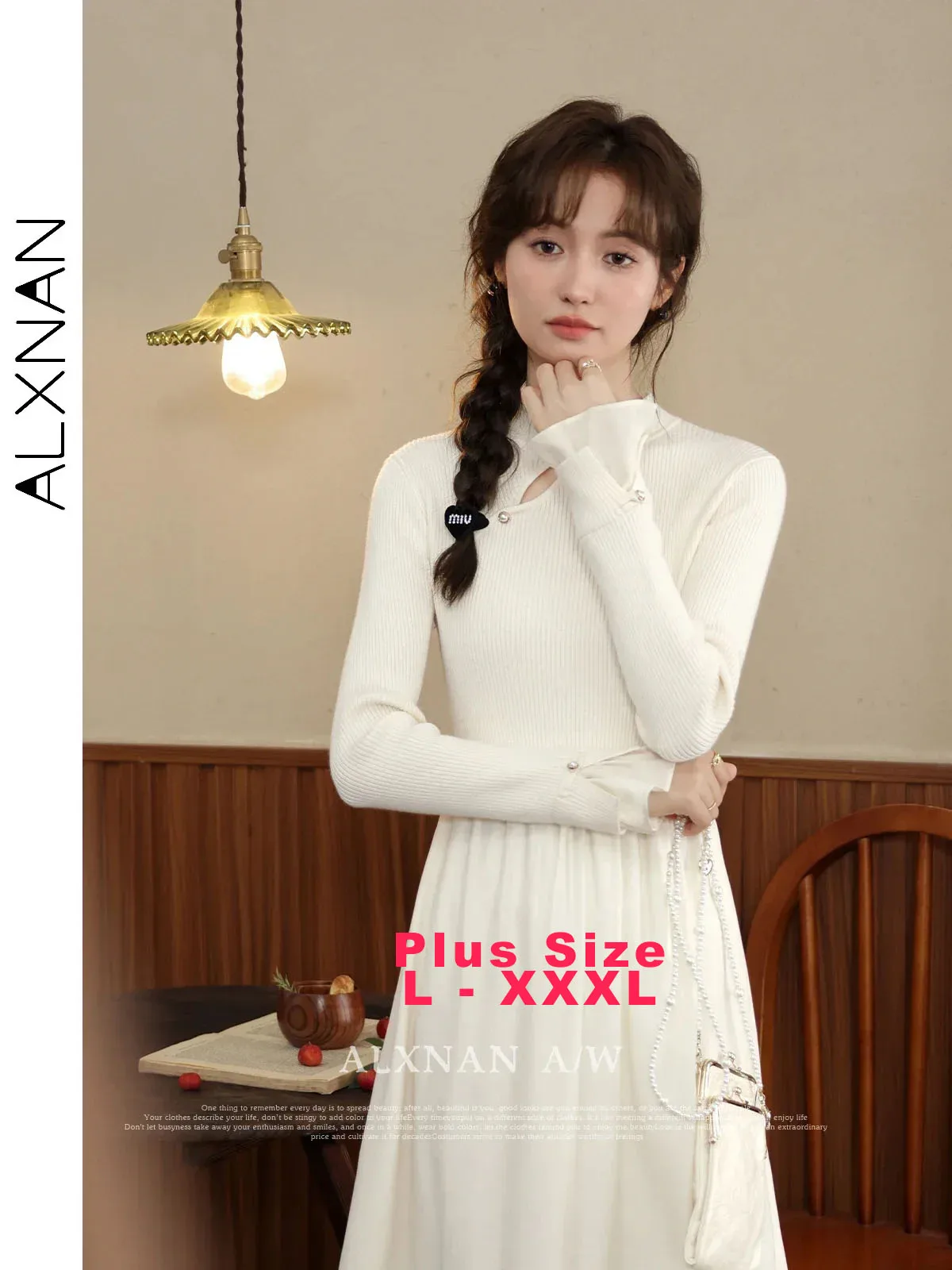 

ALXNAN Plus Size Knitted Dress Elegant Long A-line Dresses Fashion Autumn Winter Patchwork Long Sleeve Clothing Female D01103