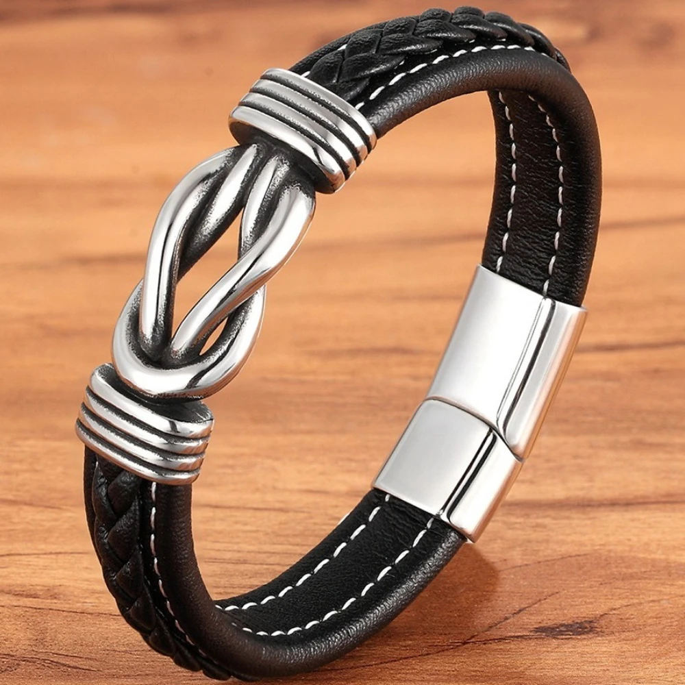 U-shaped Bracelets Stainless Steel Multi-layer Genuine Leather Woven Bangles Men Bracelet Fashion Jewelry 4 Colors