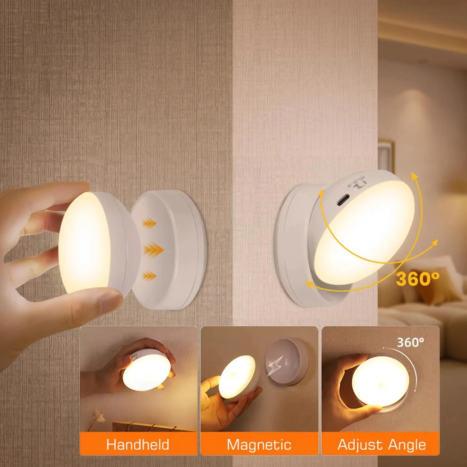 Night Light Motion Sensor 1200mAh Rechargeable Wireless Led Cabinet Lamp Rotating Magnetic For Kitchen Room Bedside Table