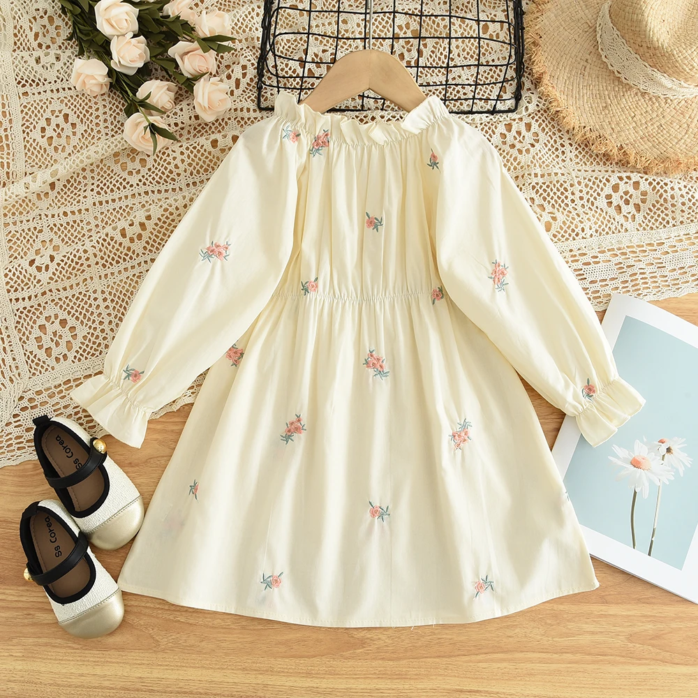 Bear Leader Girls Beige Clothing Flower Pleated Lace Dress 100% Cotton Autumn Long Sleeved Waist Cinched Princess Dresses