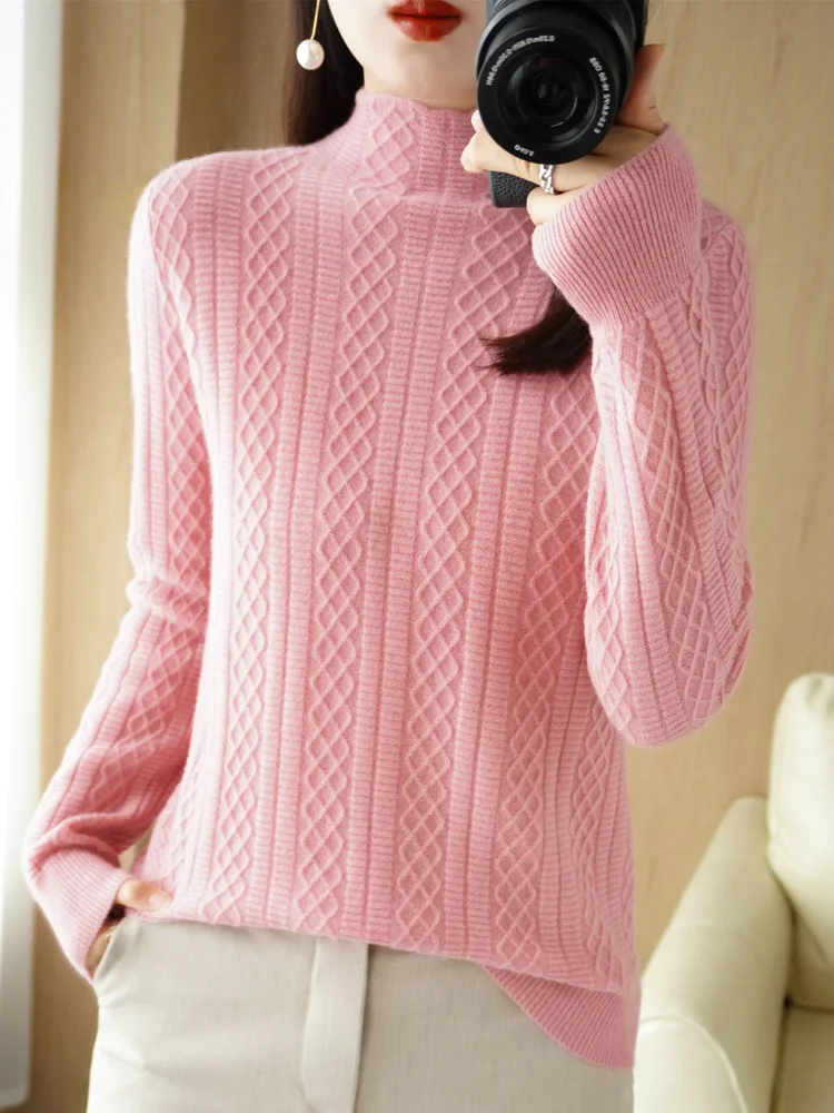 

Autumn Winter Women 100% Merino Wool Sweater Mock Neck Pullovers Warm Soft Twist Knitwear Korean Vintage Twisting flower Tops