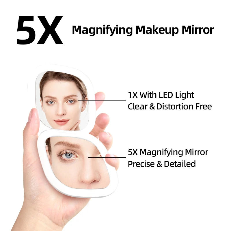 Led Compact MINI Makeup Mirror With Light 5X Magnifying Small Pocket Portable Travel White Foldable Cosmetic Vanity Mirrors USB