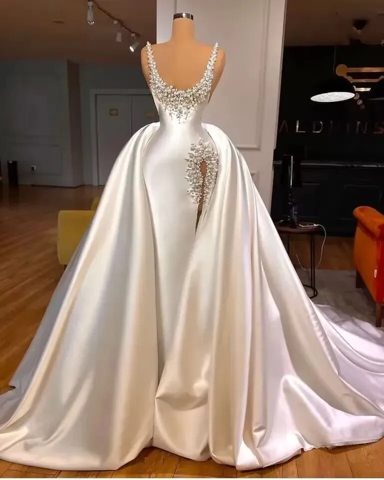 

High Quality Satin Wedding Dresses Luxury 2024 for Bride Pearls Beads Mermaid with Split Removable Skirt Bridal Wedding Gowns