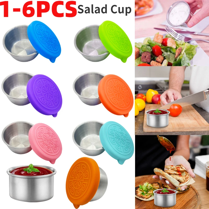 1-6PCS Reusable Stainless Steel Sauce Cup with Silicone Lids Condiment Container Salad Dressing Picnic Food Storage Lunch Box