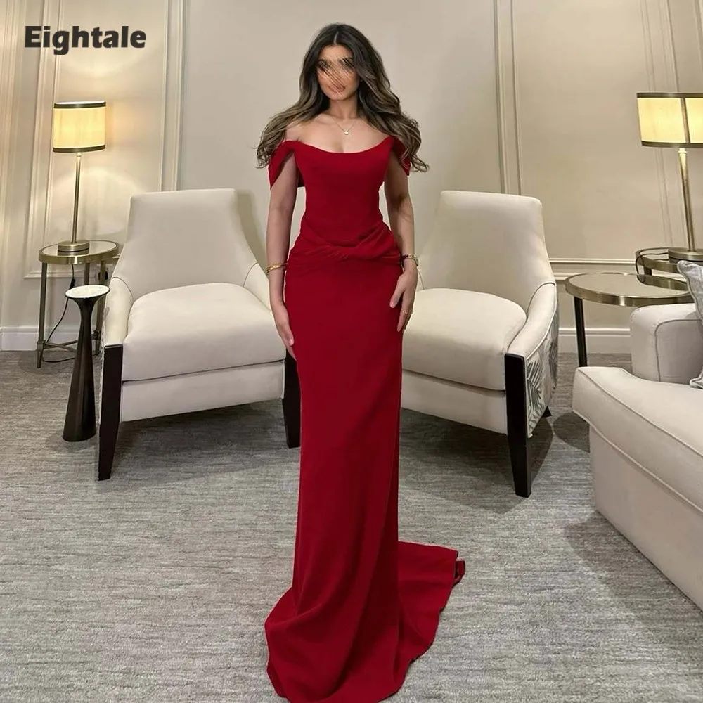 

Eightale Arabic Evening Dress Customized off Shoulder Stretchy Satin Burgundy Mermaid Prom Wedding Party Gowns
