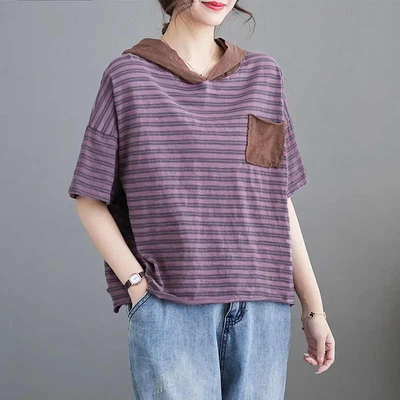 

Fashion Women's Striped Cotton Short-sleeved T-shirt Slim Loose Casual Pullover Top