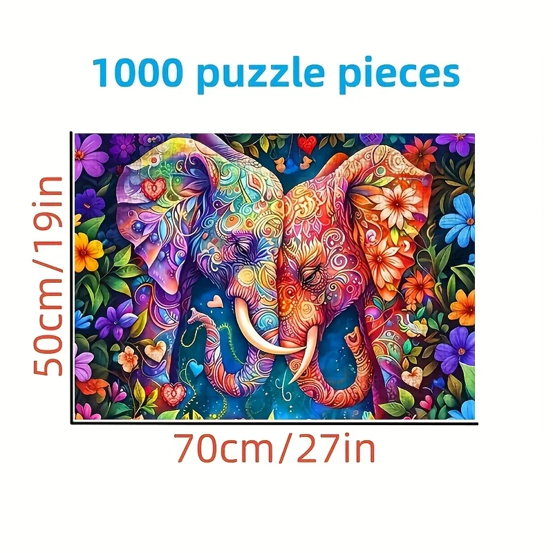1000 قطعة من أحجية الصور المقطوعة على شكل فيل وزهور للبالغين - ألوان نابضة بالحياة، تصميم معقد، لعبة أنشطة عائلية، مستطيلة بيضاء