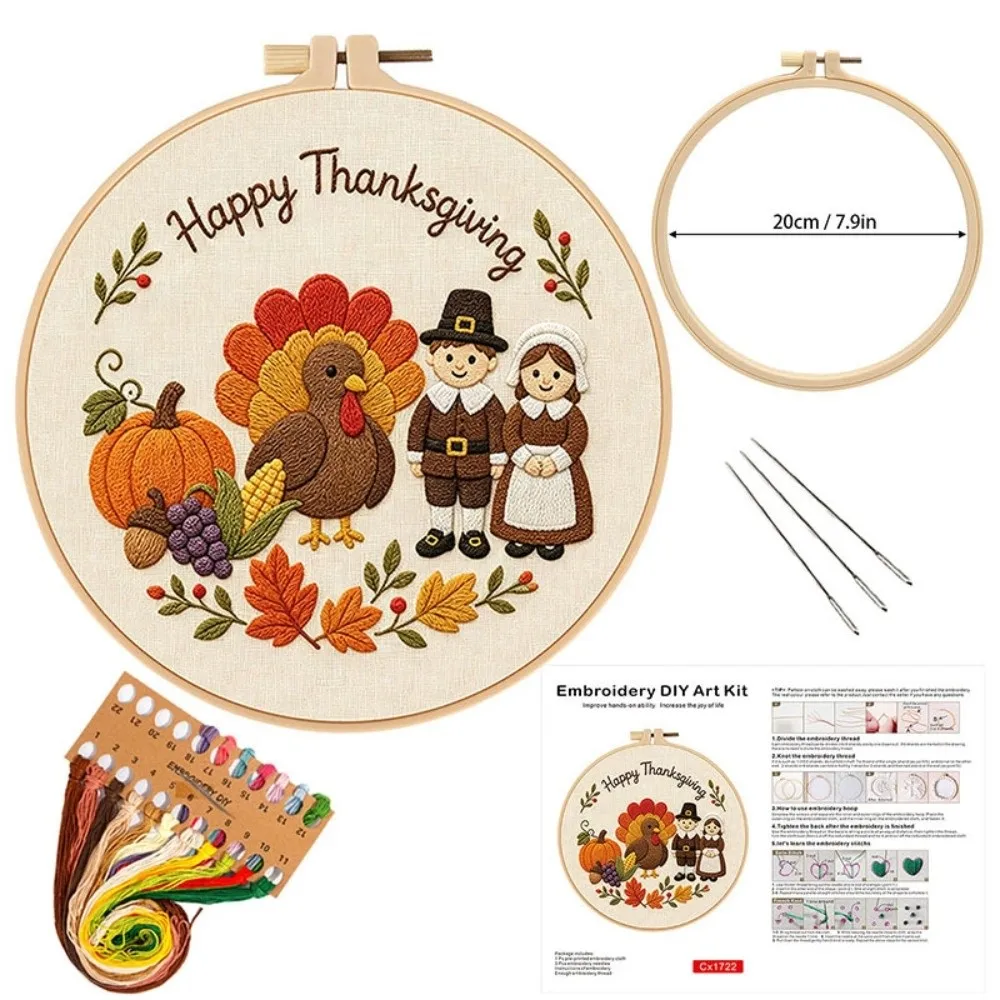 Thread Stamped Cloth Happy Thanksgiving Day Embroidery Kit With EN Instruction DIY Embroidery Material Kit