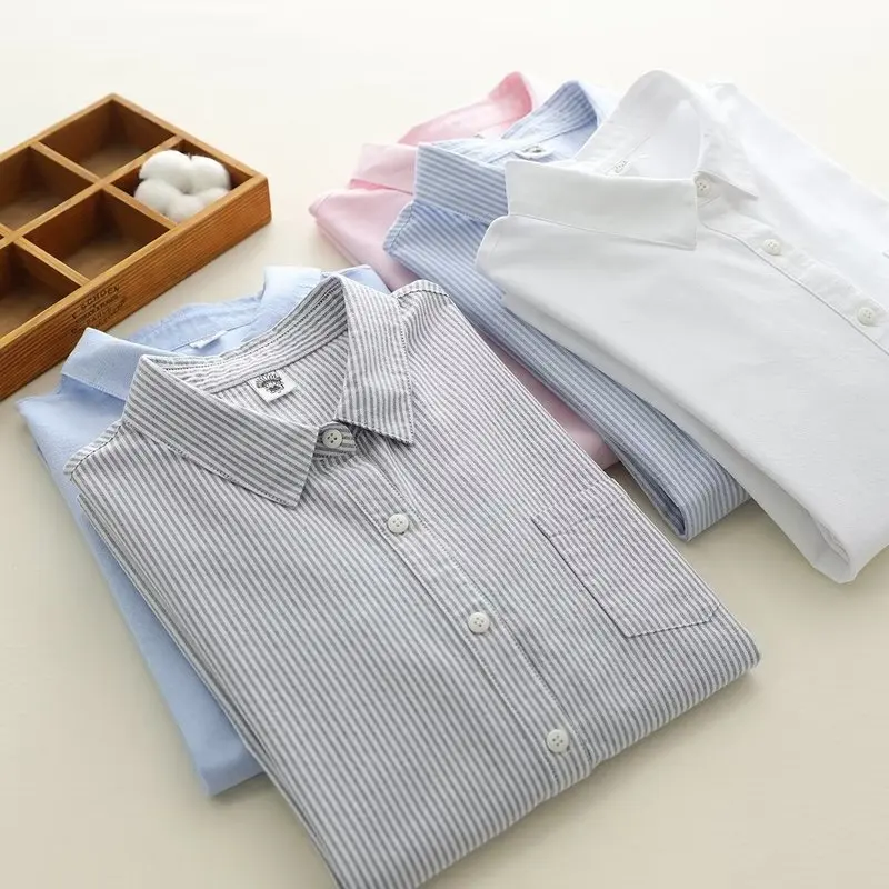 

[Готовый запас] Высококачественная женская блузка из 100% хлопка, рубашка в полоску, свободная оксфордская рубашка с лацканами и длинными рукавами, женский кардиган, топ