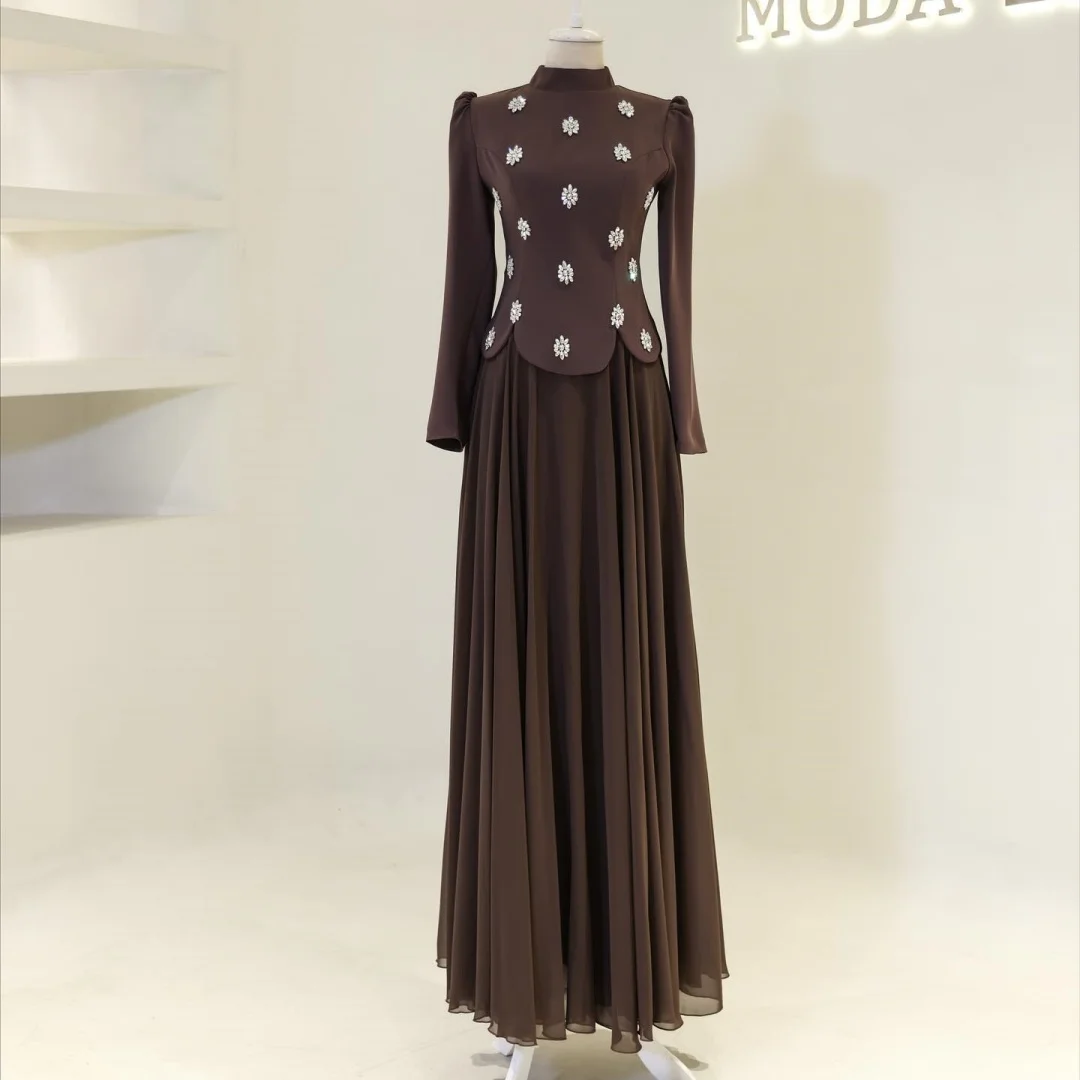 Bella op maat gemaakte lichtmunt hoge hals lange mouwen robes de soirée kralen decor geplooide rok feestjurken lange jurk stijlvol