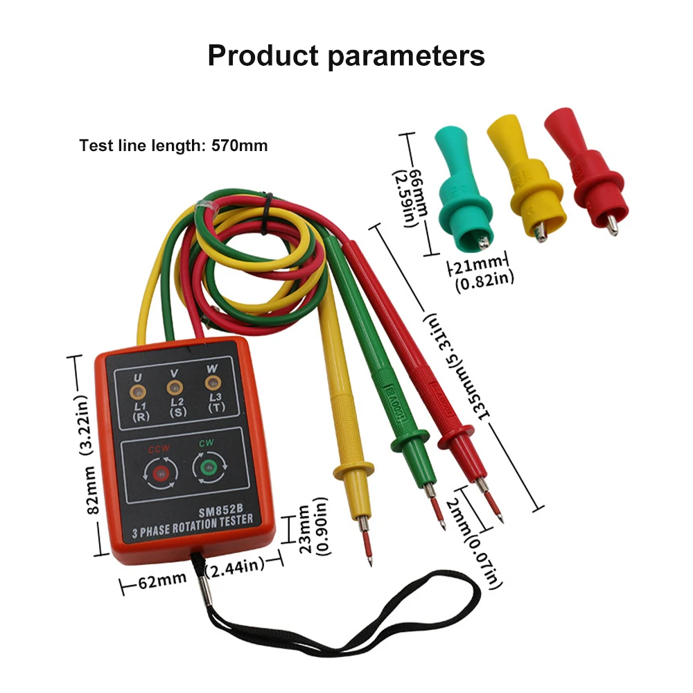 SM852B Three Phase Rotation Tester Digital Phase Detector LED Buzzer Three-Phase 60V-600V AC Phase Sequencer