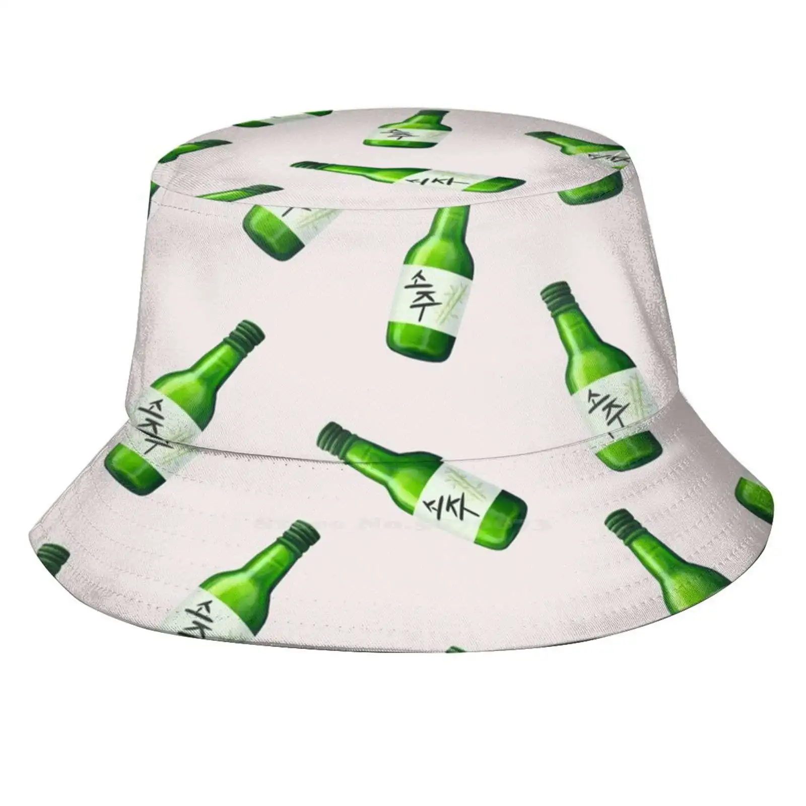 Soju Foldable Panama Bucket Hat Cap Soju Green Drink Food Soda Beverage Seoul Kdrama Kpop Grey Gray Shot Refreshing Asian