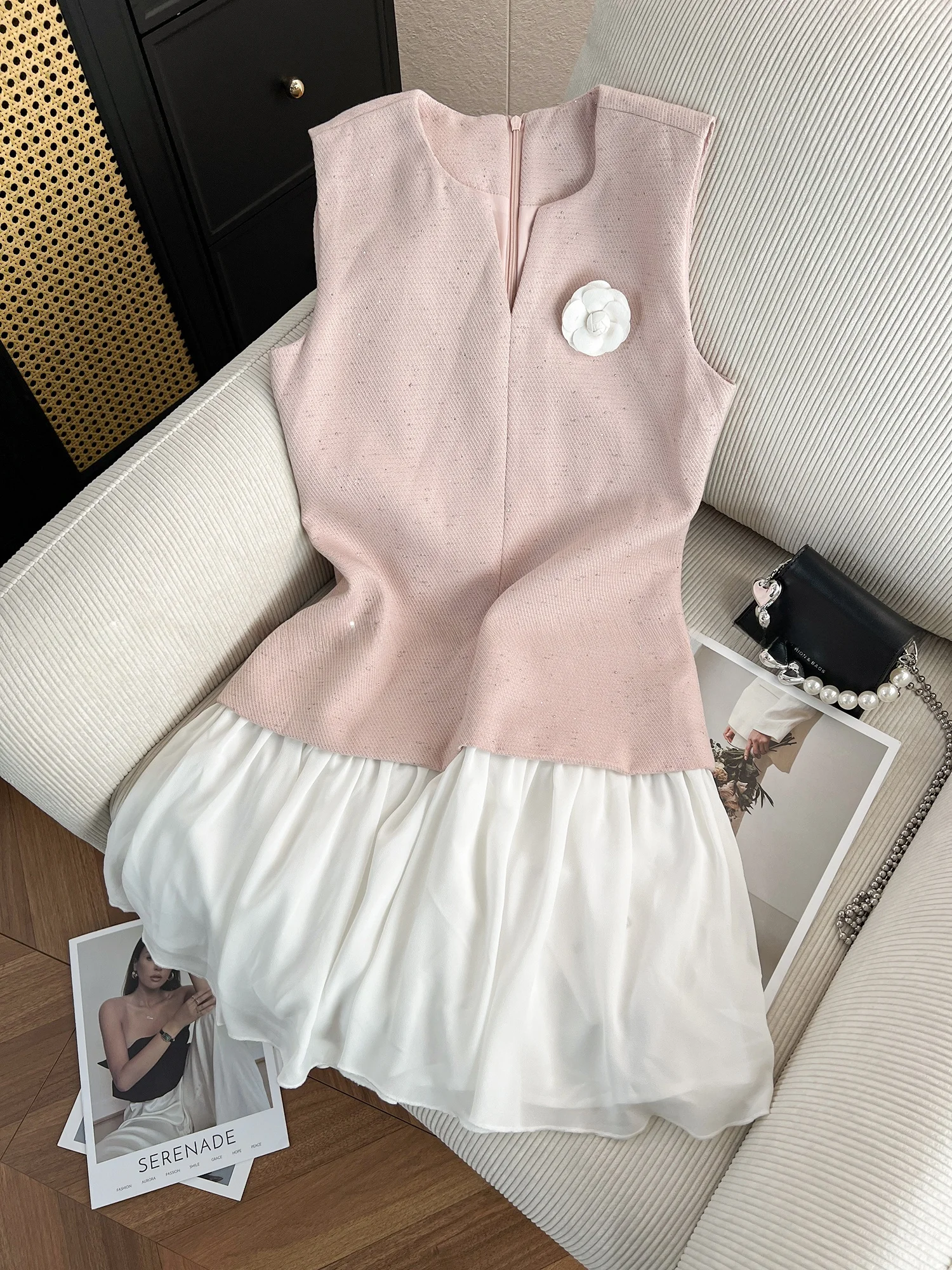 Ele Summer New Sweet Slimming Vest Dr Floral 3D Design Casual A-Line Silhouette V-Ne Zipper Closure Polyester 