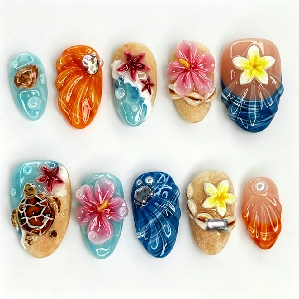 24 piezas de uñas postizas de verano en forma de almendra con flores, tortugas y estrellas de mar, longitud media, cubierta completa, coloridas, desmontables 2