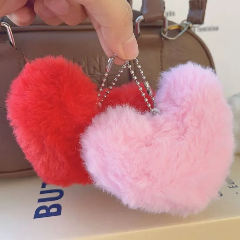 Fluffy Plush Soft Love Keychains Car Bag Heart Pendants Winter Leopard Pattern Soild Color Fashion Pompons Keyrings Accessories