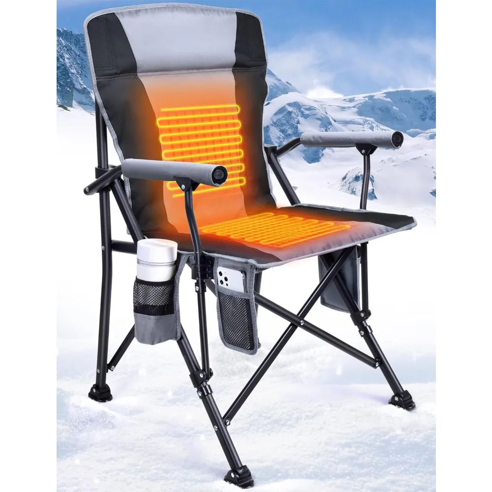 Heated Camping Chair with Heats Back, Cup Holder, Rich Pockets, Battery NOT Included, 3 Heat Levels, Fully Padded Folding Chair