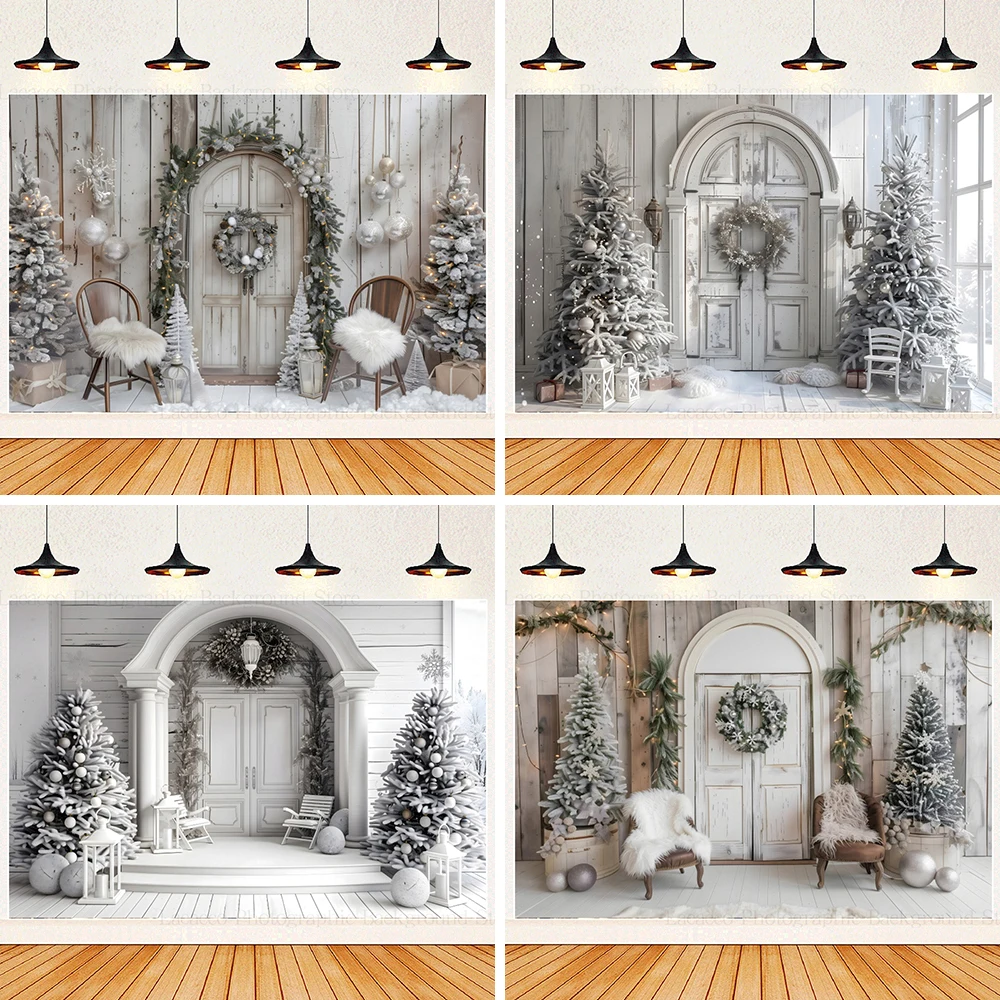 All White Christmas Photography Backdrop Outdoor Wooden Front Door Background Christmas Tree Portrait Family Party Background