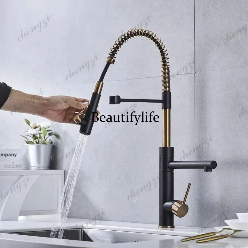 E182 Tuqiu Brushed Gold Kitchen Faucets Pull Down Sink Faucet Pull Out Black Spring Spout Mixers Tap Hot Cold Water Crane