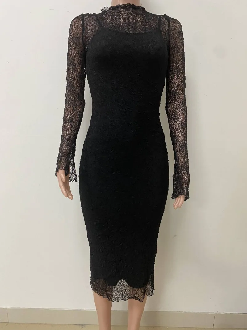 KEXU Moda Donna Nuovo Slim Sheer Lace Manica lunga Maxi abito Vedere attraverso Cover Up Bretelle Abiti aderenti sexy