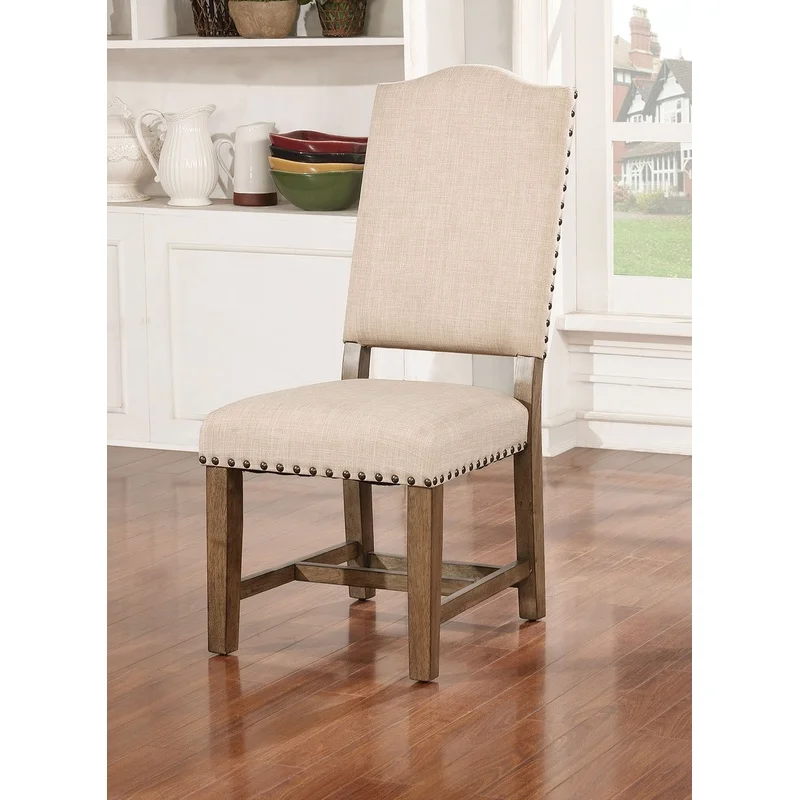 

Beige Fabric Dining Chairs with Nailhead Trim, Light Oak Wood Frame, 2-Piece Set for Kitchen or Dining Room