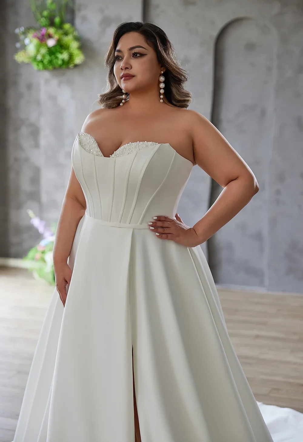 Lakshmigown Plus Size A-Linie Trägerloses Satin-Hochzeitskleid mit Perlen und Pailletten, Maßanfertigung – Detail 9