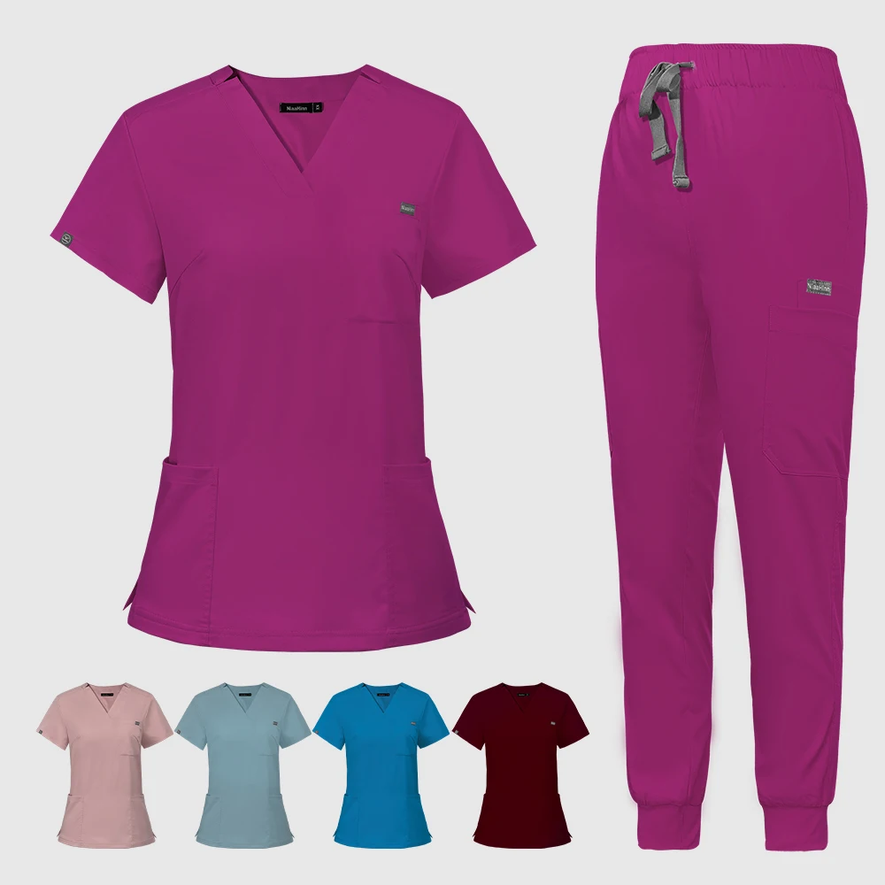 V Neck Scrubs Uniformes Médicos para Mulheres, Conjuntos de Vestuário Feminino, Clínica Dentária, Salão de Beleza, Pet Lab, Ternos Cirúrgicos, Enfermeiros Acessórios