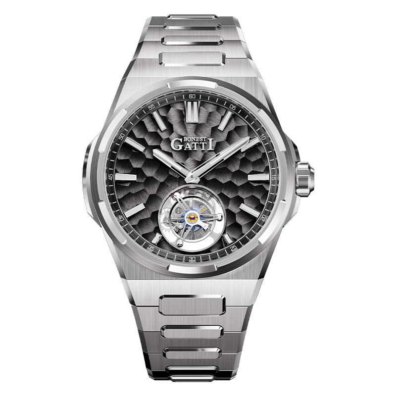 

BONEST GATTI Men Tourbillon Watch 43mm Automatic Mechanical Wristwatch 50M Waterproof Sapphire Luminous Skeleton Dial