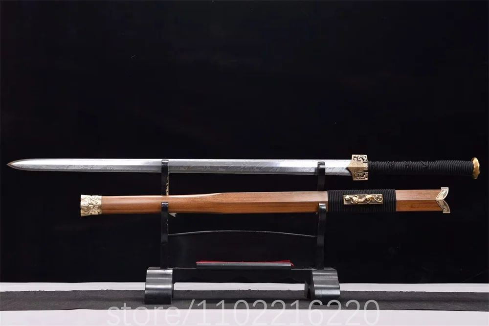 Very Exquisite Jian Kungfu Battle Sword Damascus Steel Blade Sword Copper Fitting Hardwood Sheath Full Tang New