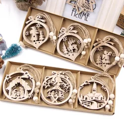 12PCS/Box Christmas Wooden Pendants Hollowed Star Bell Ornaments for Christmas Party Tree Hanging Ornaments DIY Painting Gifts