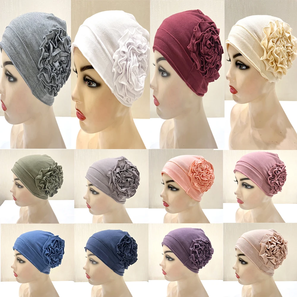 12Pcs Wholesale Beautiful Muslim Flower Turban Hat Bonnet Hijab Solid Indian Beanies Hair Loss Bonnets Chemo Cap Head Scarf Wrap