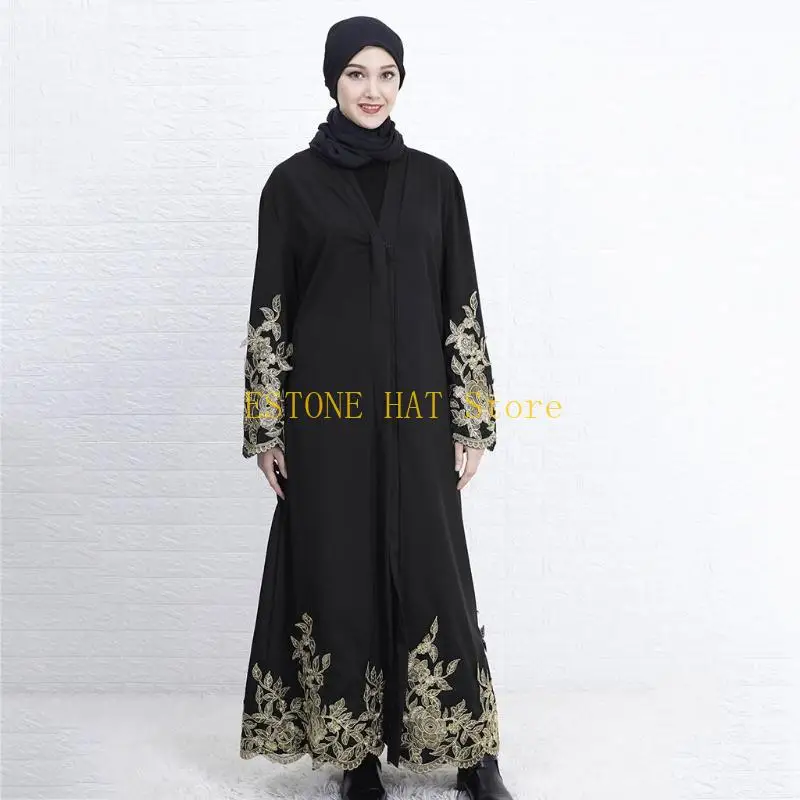 49MF Women Muslim Long Sleeve Maxi Dress Abaya Robe Embroidery Floral Dubai Kaftan