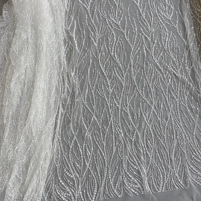

High-end Bridal Lace Striped Fabric, Luxurious Beaded Sequin Wedding Dress, High-end Custom Sewing Fabric Decoration Accessories