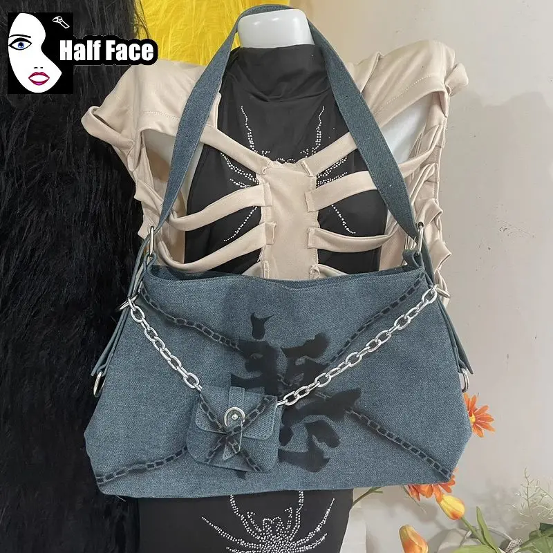 

Y2K Spicy Girl Harajuku Women Gothic Advance Chain Denim Street Style Handbag Punk One Shoulder Design Lolita Crossbody Bag Tote