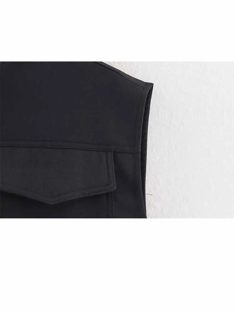 HH Woman Early Spring Fashion Sleeveless Stand Collar Pocket Zipper Decoration Short Coat Female Casual Loose Keep Warm Jacket