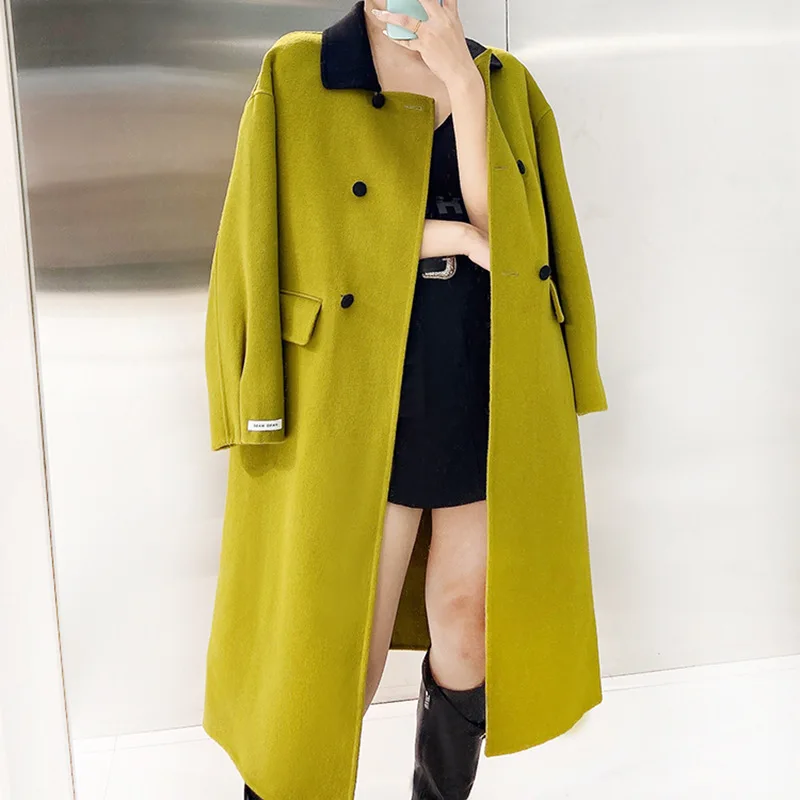 

Fall/Winter 2023Contrast Collar Double breasted Extended Reversible Nylon Women's Wool Coat Temperament Commuter Casual Coat