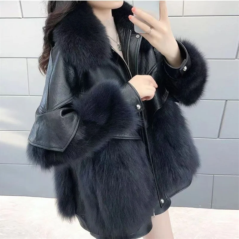 Women Fashion Warm Cardigan Fur Coat 2023 Winter Female New Korean PU Leather Imitation Fox Fur Medium Length Thick Haining Coat