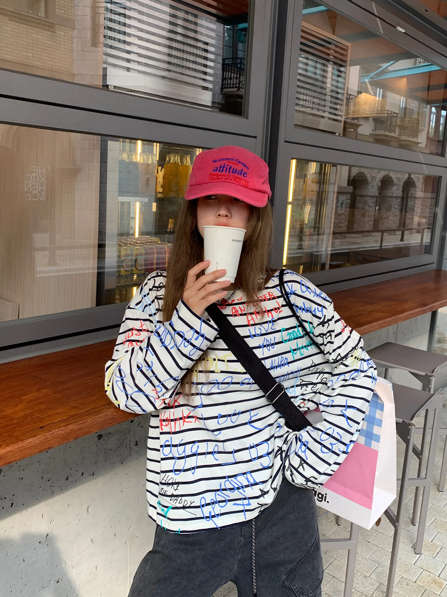 

Zhou tong American Sle Long Sve fiti T-irt Women's round Ne Lazy Sle Retro Top Cotton Moisture ng