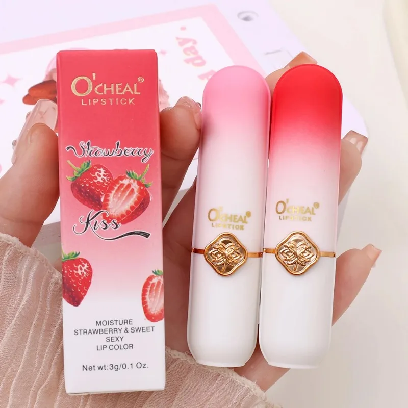 Lipstik warna berubah pelembap bibir wanita, kosmetik riasan bibir warna persik tahan lama, Lipstik buah lucu