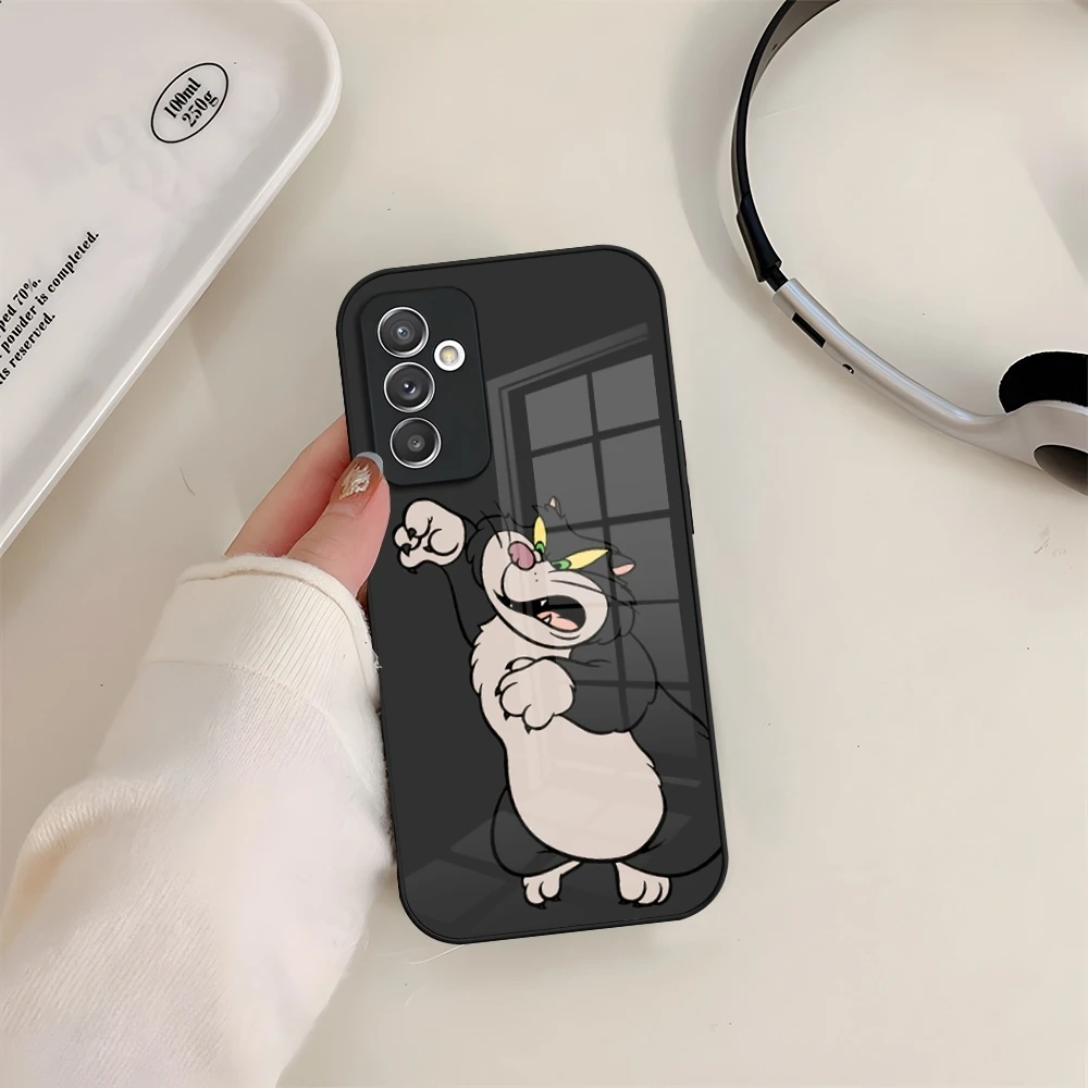 Cinderella Lucifer Cat Phone Case Glass for Samsung Galaxy S24 S22 S23 S20 S21 Ultra Fe Plus A24 A52 A34 A54 A53 M54 Coque