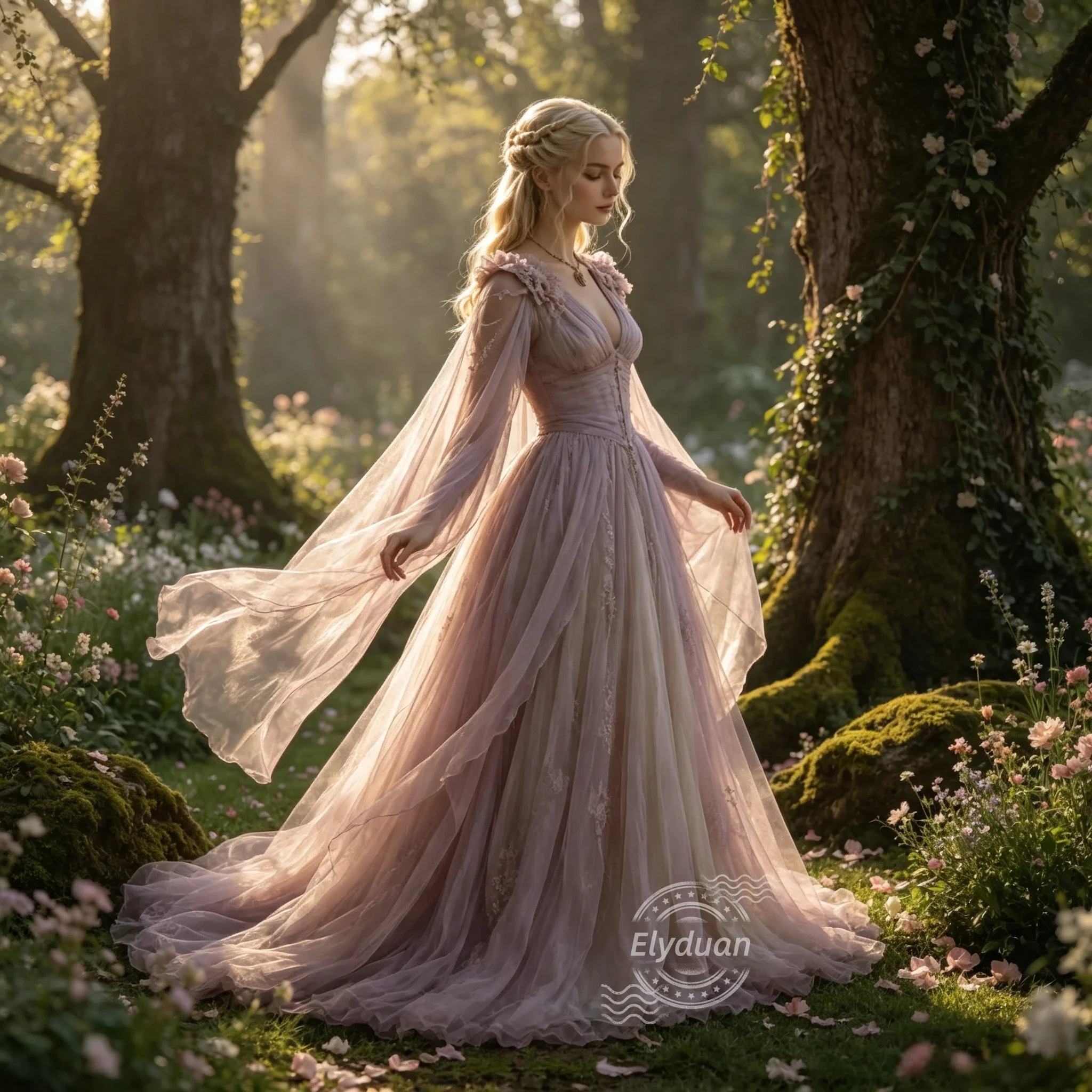 Medieval Elven Fairy Tulle Wedding Dress V Neck Cape Bell Sleeve Floral Lace Princess Garden Renaissance Bridal Gown Customized