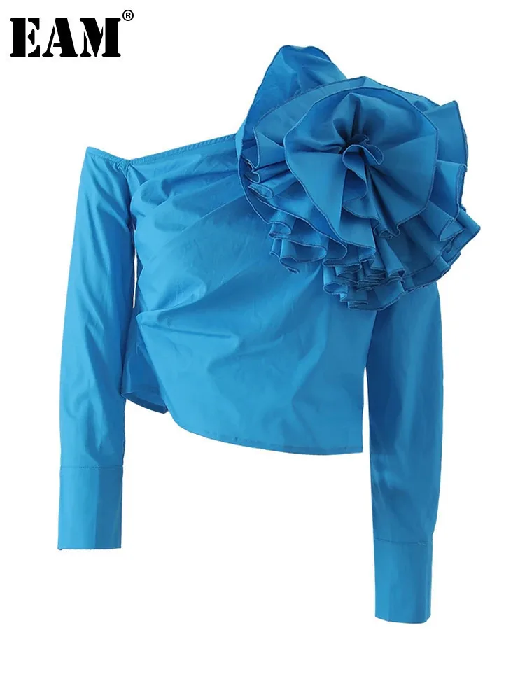 

[EAM] Women Blue Three-dimensional Flower Elegant Blouse New Skew Collar Long Sleeve Shirt Fashion Spring Autumn 2024 YX0390