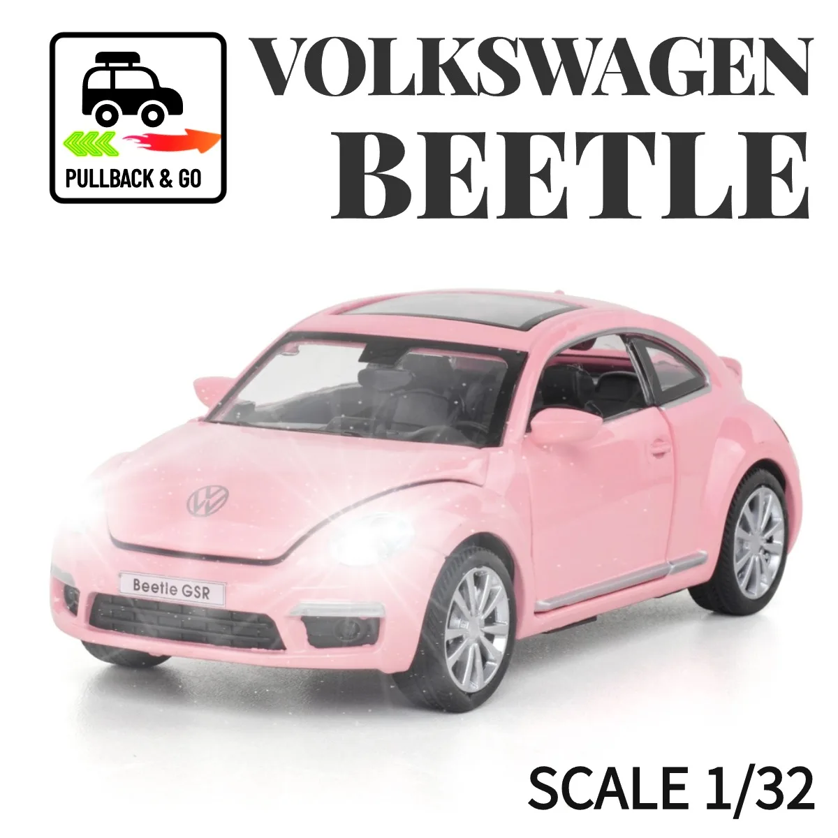 

1:32 VW Beetle Pullback Car Toy with Lights Engine Sound, Toyota Audi Mclaren Scale Diecast Car Model Replica Kid Boy Play Gift