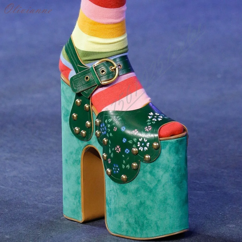 

Retro Style Green Thick Soled Sandals Green Flower Print Chunky High Heel Extreme Platform Buckle Strap Peep Toe 2026 Summer