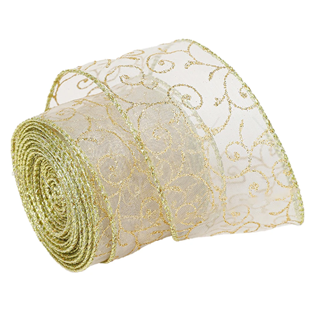 Lively Glitter Wired Ribbon Exquisite Organza Sheer Featuring a Glamorous Gold Design Perfect for Holiday Crafts